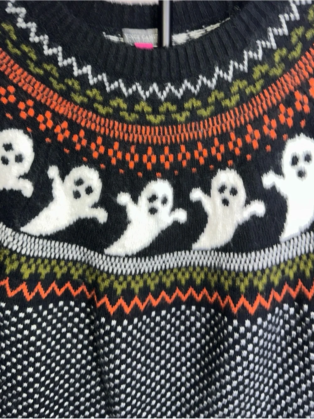 Vince Camuto Black Halloween Ghost  Sweater with Orange and Olive Accents